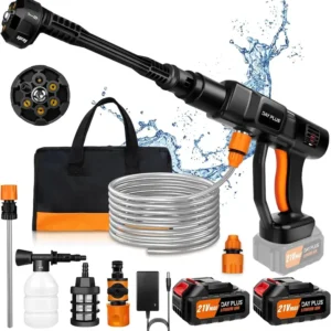 Nettoyeur haute pression sans fil 45bar/653PSI avec batterie 2X3000mAh, buse réglable à 180° et tuyau 5M pour nettoyage de voiture et arrosage des fleurs